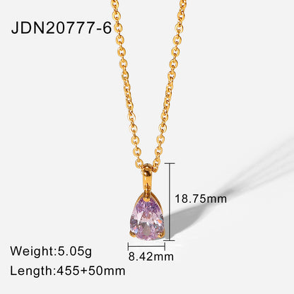 Simple 18k Gold-plated Color Zircon Stainless Steel Drop-shaped Pendant Necklace