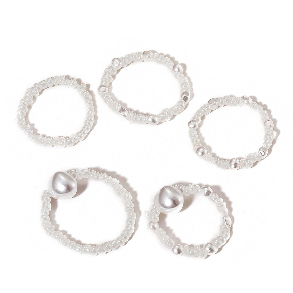 Creative Retro Simple White Rice Bead Ring White Pearl Ring 5-piece Set