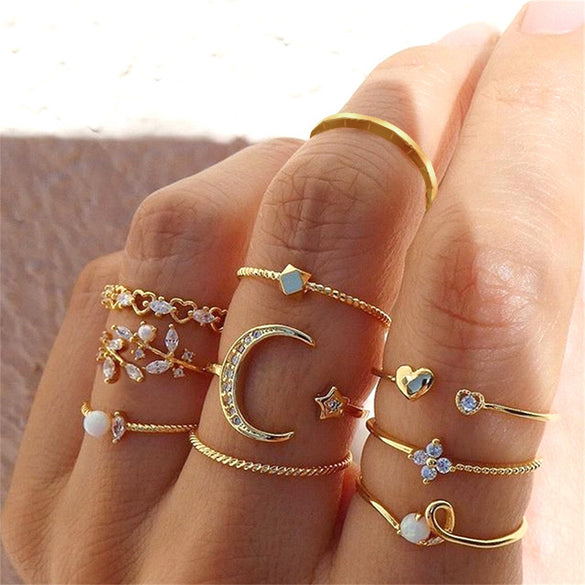 Fashion Triangle Love Heart Full Diamond Butterfly Ring 5-piece Set Creative Retro Female Ring