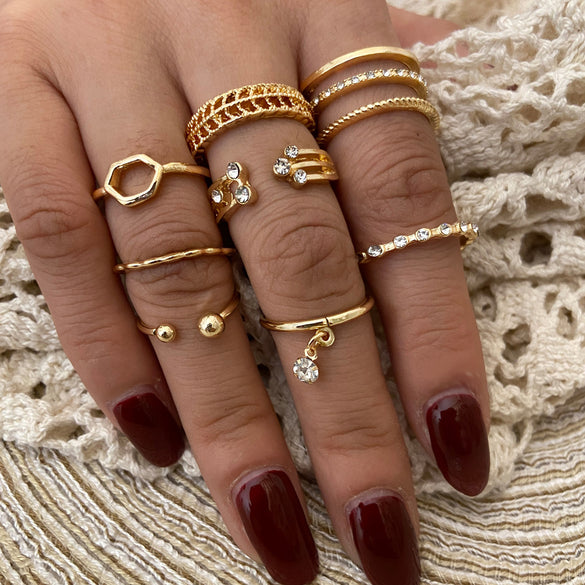 Fashion Triangle Love Heart Full Diamond Butterfly Ring 5-piece Set Creative Retro Female Ring