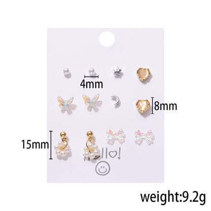 Korean Fashion Flower Bow 6 Pairs Of Earrings Set New Pearl Earrings