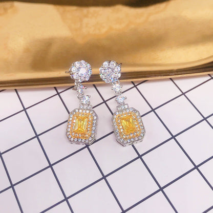 New Micro-inlaid Yellow Square Diamond Earrings Ear Jewelry