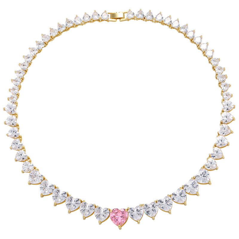 New Peach Heart Zircon Necklace Pink Heart Necklace Cross-border Exclusively Necklace