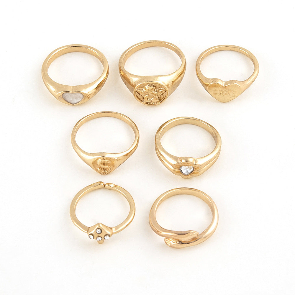 New Personality Creative Heart Shape Hug Angel Diamond Retro Ring Combination Seven-piece Set