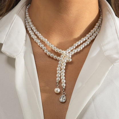 Jewelry Retro Imitation Pearl Drop Rhinestone Pendant Clavicle Beaded Woven Double Layer Necklace