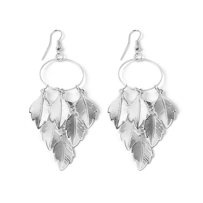 European And American Long Hollow Leaf Heart Frosted Disc Tassel Earrings