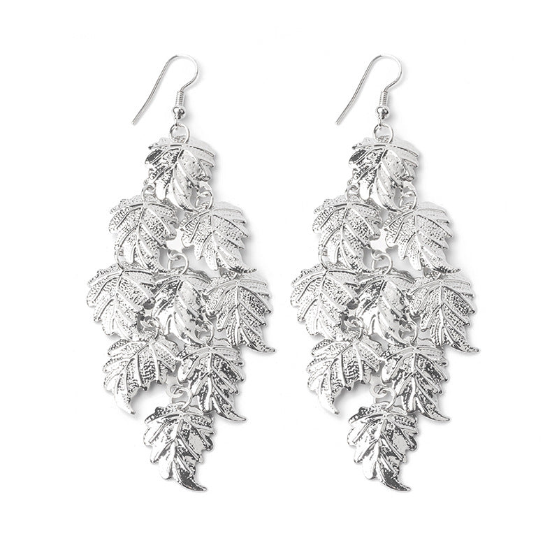 European And American Long Hollow Leaf Heart Frosted Disc Tassel Earrings