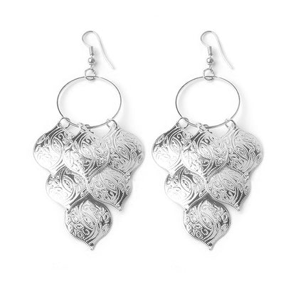 European And American Long Hollow Leaf Heart Frosted Disc Tassel Earrings