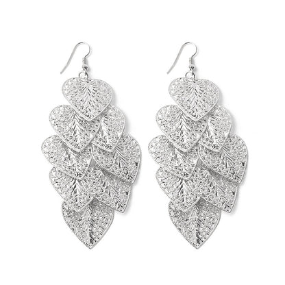 European And American Long Hollow Leaf Heart Frosted Disc Tassel Earrings