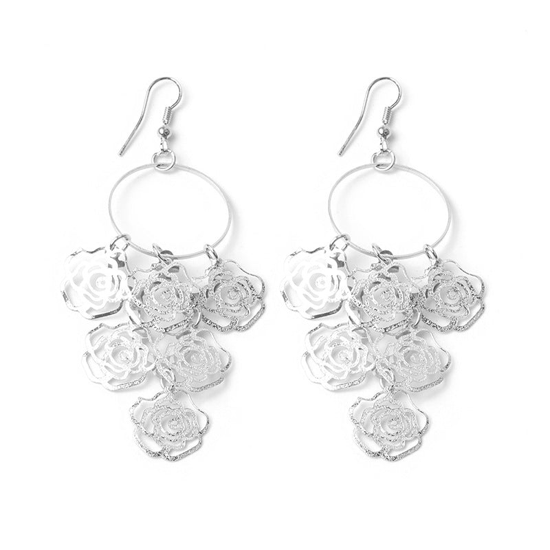 European And American Long Hollow Leaf Heart Frosted Disc Tassel Earrings