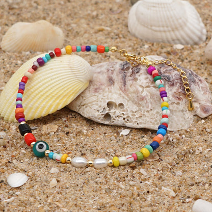 Ethnic Style Rainbow Glass Bead Freshwater Pearl Anklet