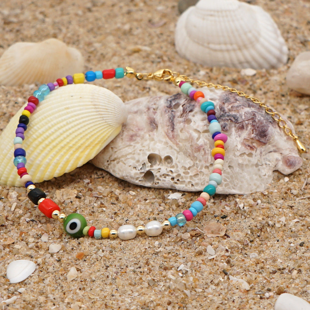 Ethnic Style Rainbow Glass Bead Freshwater Pearl Anklet