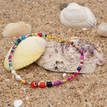 Ethnic Style Rainbow Glass Bead Freshwater Pearl Anklet