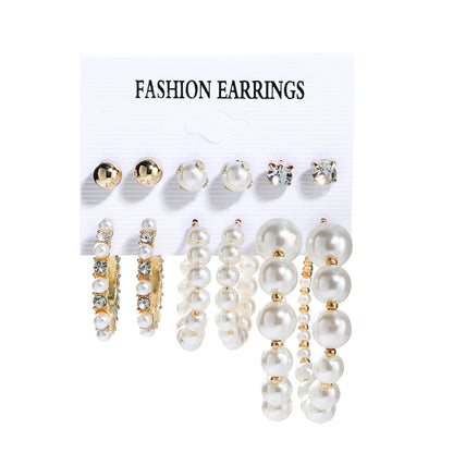 Fashion C-shaped Alloy Diamond Pearl Earrings Set Wholesale