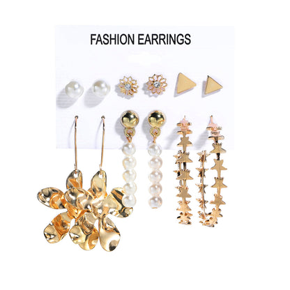 Fashion C-shaped Alloy Diamond Pearl Earrings Set Wholesale