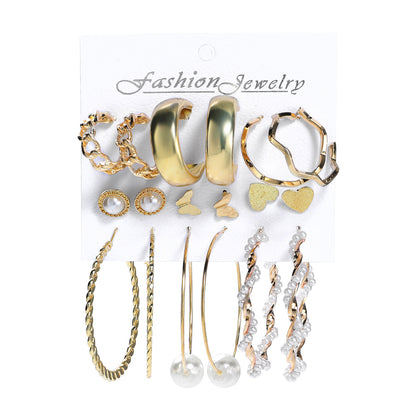 Fashion C-shaped Alloy Diamond Pearl Earrings Set Wholesale