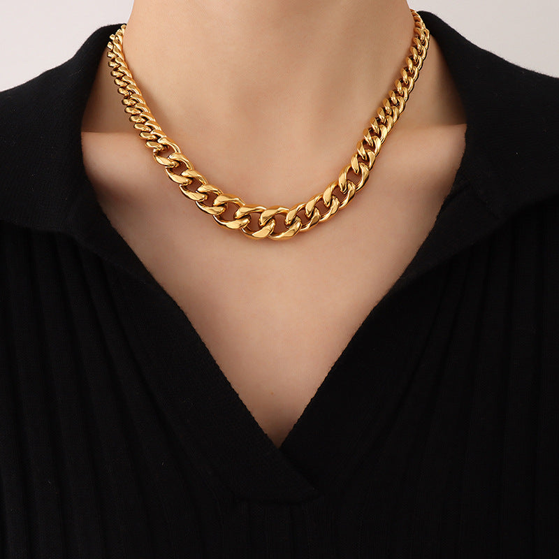 Hip-hop Trendy Exaggerated Titanium Steel Cuban Chain 18k Real Gold Plated Necklace