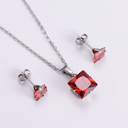 Fashion Colorful Zircon Square Pendant Earrings Necklace Set