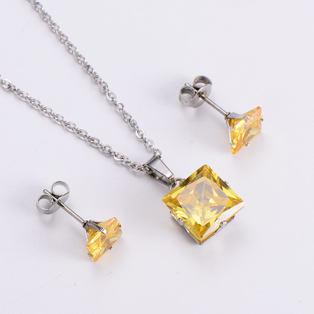 Fashion Colorful Zircon Square Pendant Earrings Necklace Set