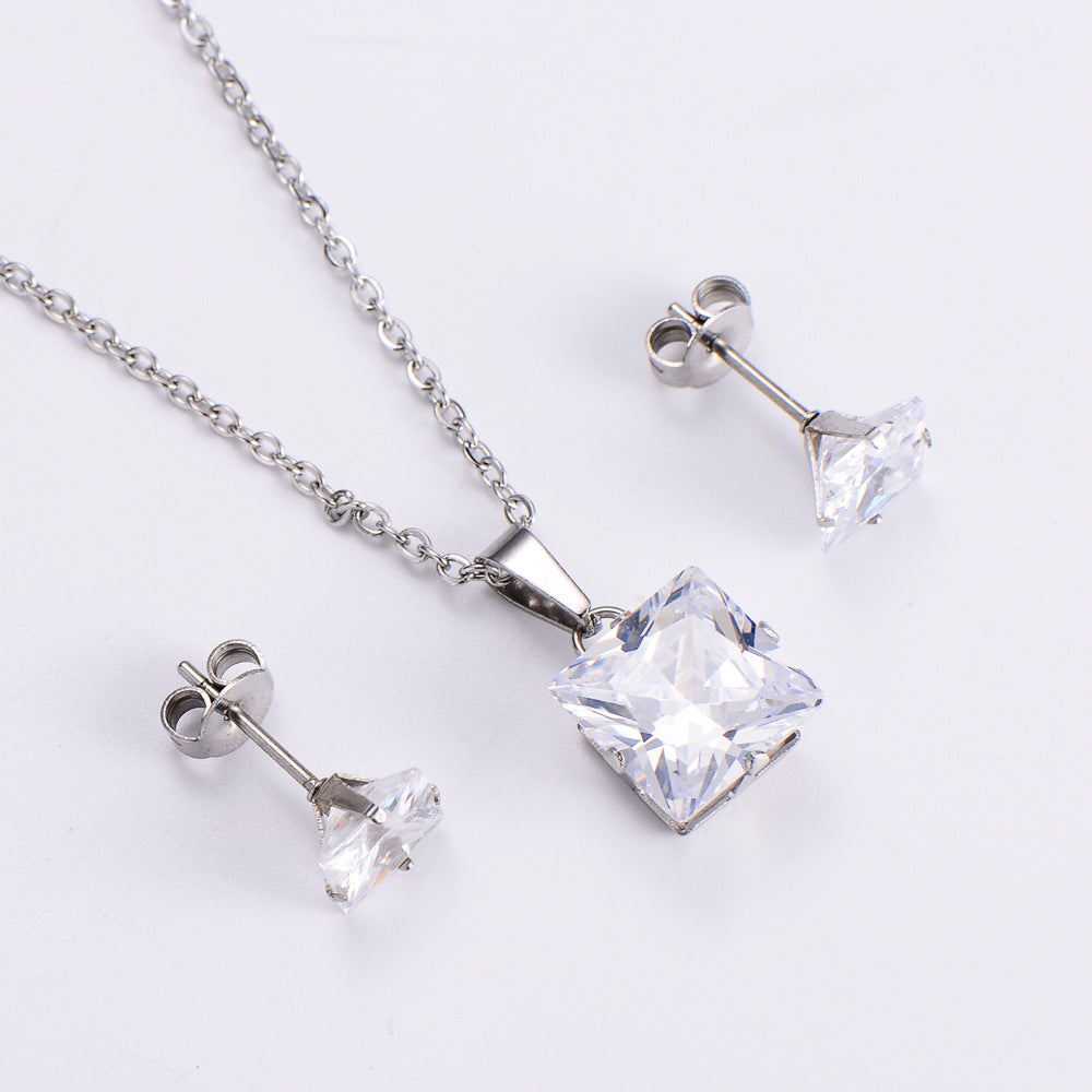 Fashion Colorful Zircon Square Pendant Earrings Necklace Set