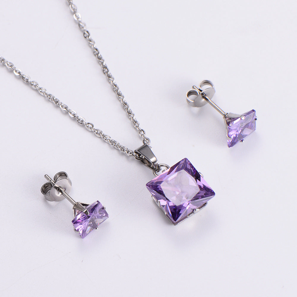 Fashion Colorful Zircon Square Pendant Earrings Necklace Set