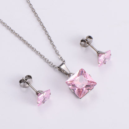 Fashion Colorful Zircon Square Pendant Earrings Necklace Set