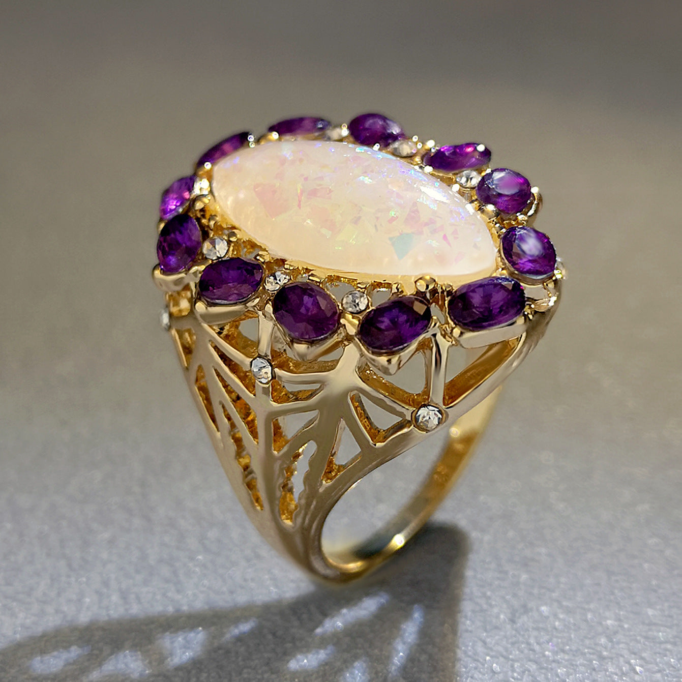 New Opal Gold Ring With Diamonds European And American Fashion Exaggerated Ring