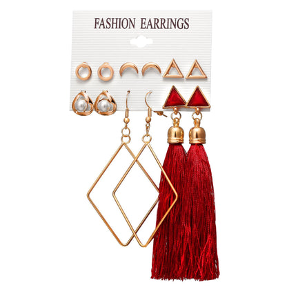 New Retro Creative Geometric Woven Tassel Earrings 6-piece Set