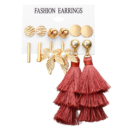 New Retro Creative Geometric Woven Tassel Earrings 6-piece Set