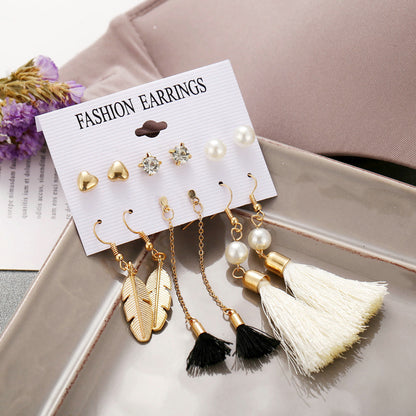 New Retro Creative Geometric Woven Tassel Earrings 6-piece Set