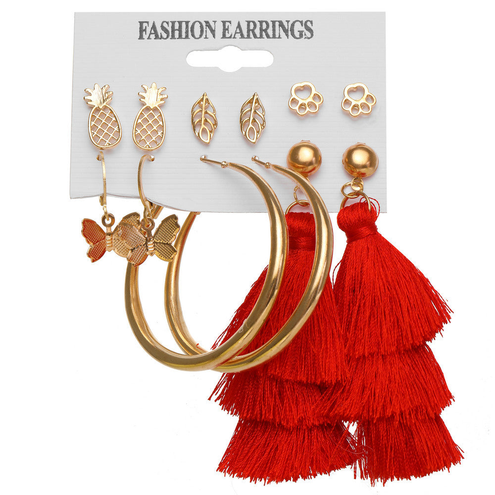 New Retro Creative Geometric Woven Tassel Earrings 6-piece Set