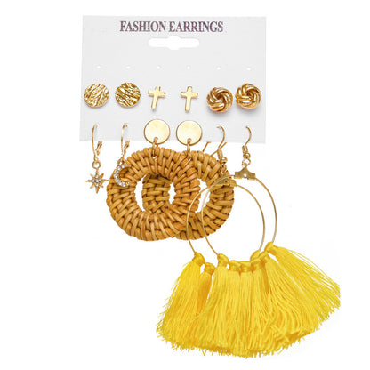 New Retro Creative Geometric Woven Tassel Earrings 6-piece Set