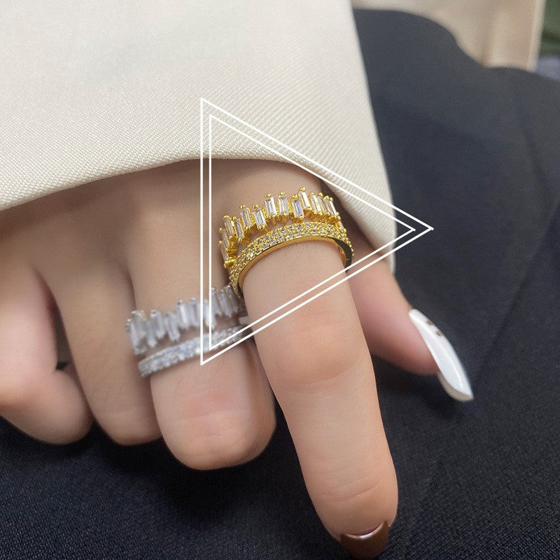 Irregular Rectangular Inlaid Zircon Double Layer Fashion Open Ring