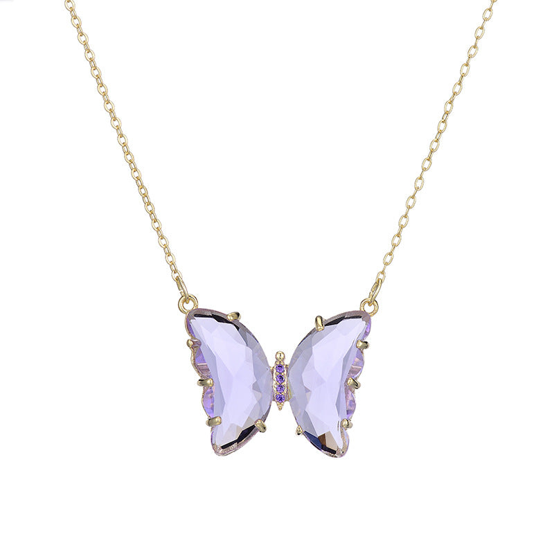 Fashion Simple Geometric Translucent Crystal Glass Butterfly Necklace