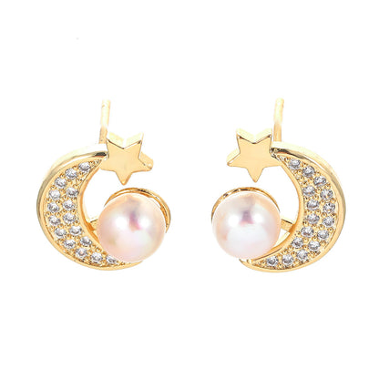 Fashion Star And Moon Pearl Star Inlaid Zircon Copper Earrings