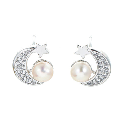 Fashion Star And Moon Pearl Star Inlaid Zircon Copper Earrings