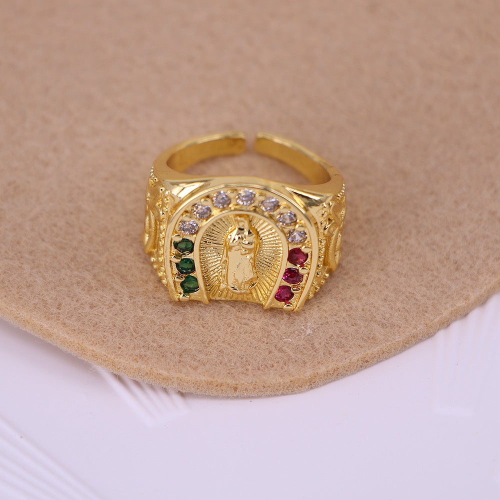 Fashion Inlaid Zircon Virgin Mary Copper Zircon Geometric Ring