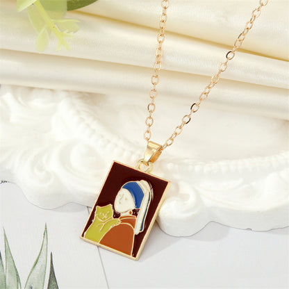 European Retro Alloy Drop Oil Van Gogh Oil Painting Square Pendant Collarbone Chain Female