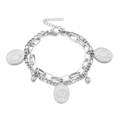 European And American Moon Sun Oval Pendant Double Chain Stainless Steel Women's Bracelet