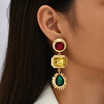 Retro Contrast Color Long Geometric Rhinestone Creative Trend Earrings Wholesale