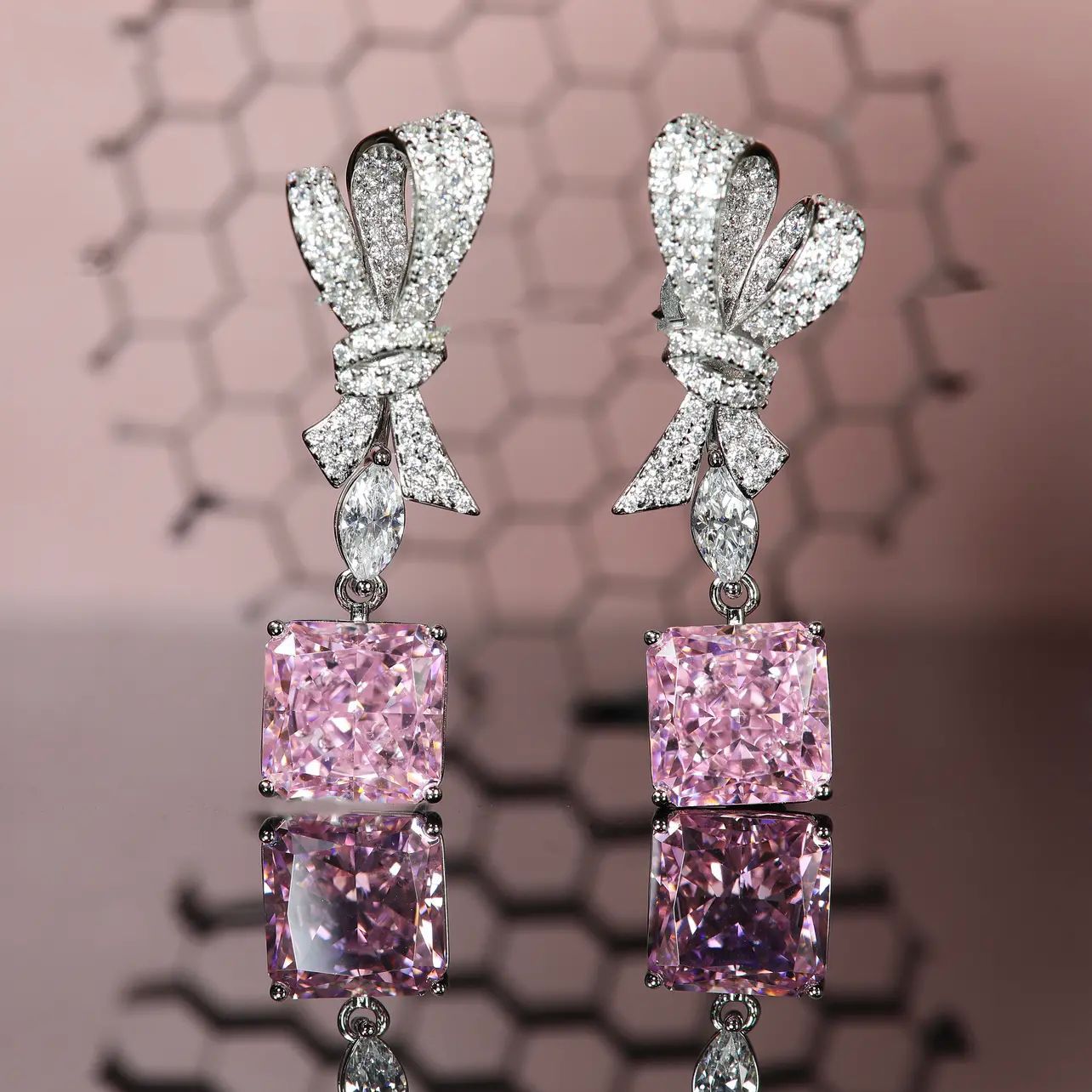 Fashion Pink Yellow Diamond Pendant Full Diamond Bow Copper Earrings