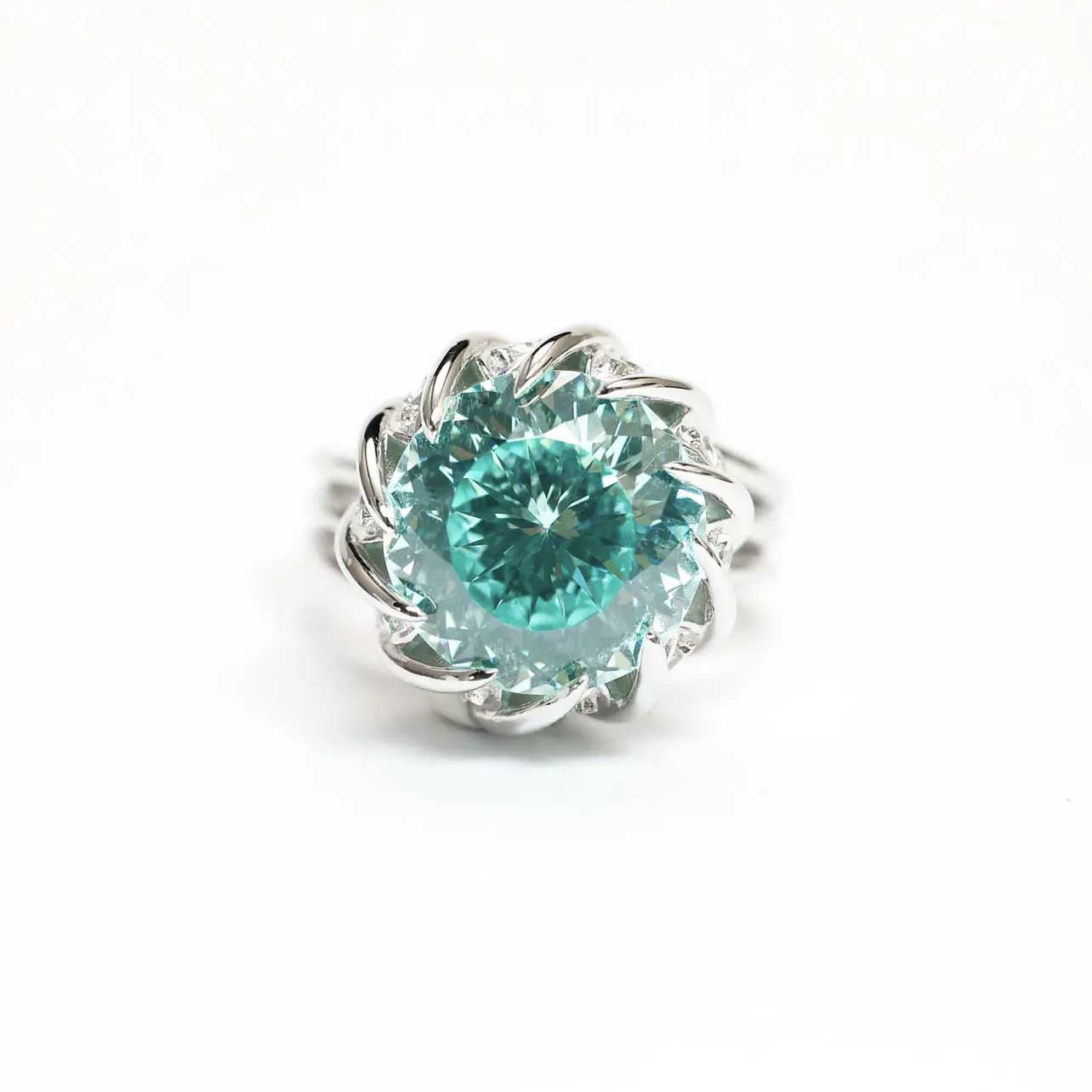 Fashion Paraiba Blue-green Diamond Ring Lotus Copper Opening Ring