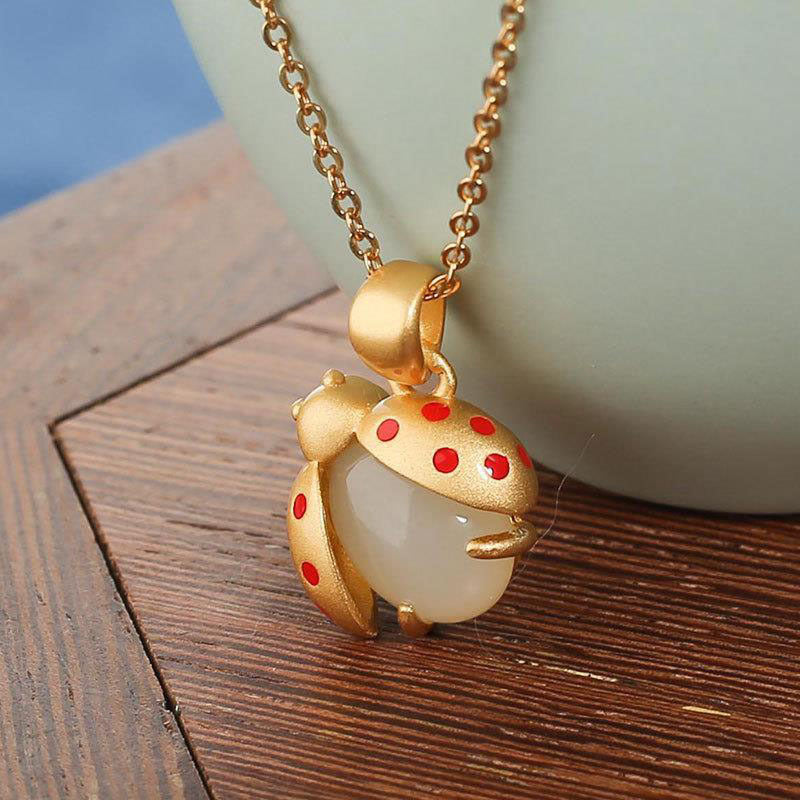 Cute Ladybug Necklace Bracelet Earrings Sand Gold Plated Hetian Jade Necklace Beetle Pendant