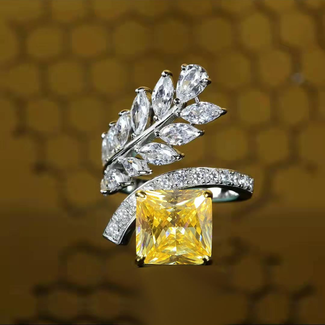 Fashion Inlaid Zircon Leaf Yellow Diamond Ring Ice Flower Copper Ring