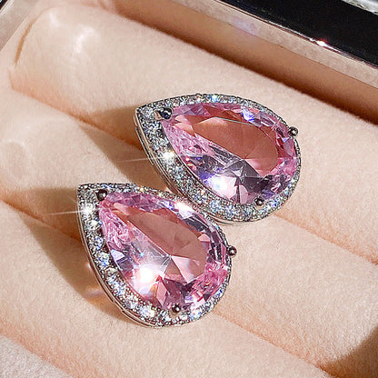 Fashion New Earrings Pear-shaped Water Drop Pink Zircon Earrings Valentine's Day