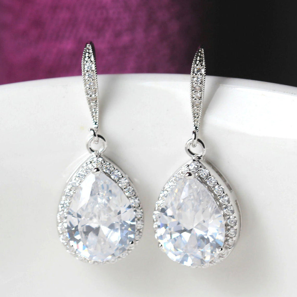 Fashion Full Water Drop Shaped Zircon Copper Earrings Wholesale