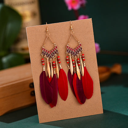 Vintage Fan-shaped Tassel Feather Long Bohemian Beads Earrings Wholesale