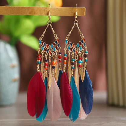 Vintage Fan-shaped Tassel Feather Long Bohemian Beads Earrings Wholesale