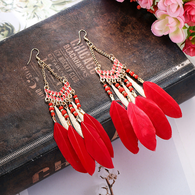 Vintage Fan-shaped Tassel Feather Long Bohemian Beads Earrings Wholesale