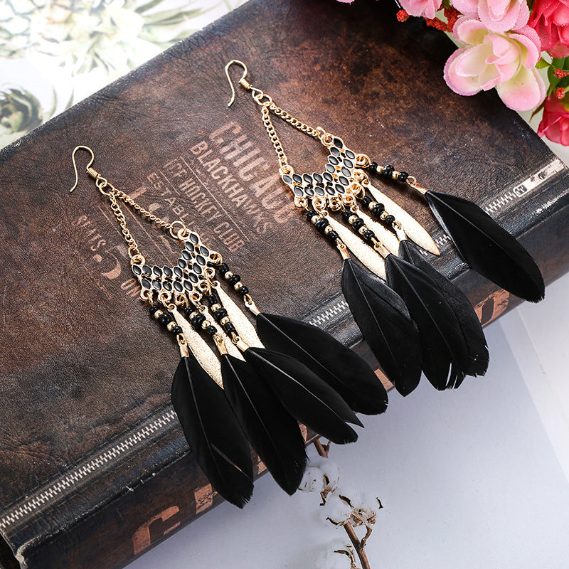 Vintage Fan-shaped Tassel Feather Long Bohemian Beads Earrings Wholesale